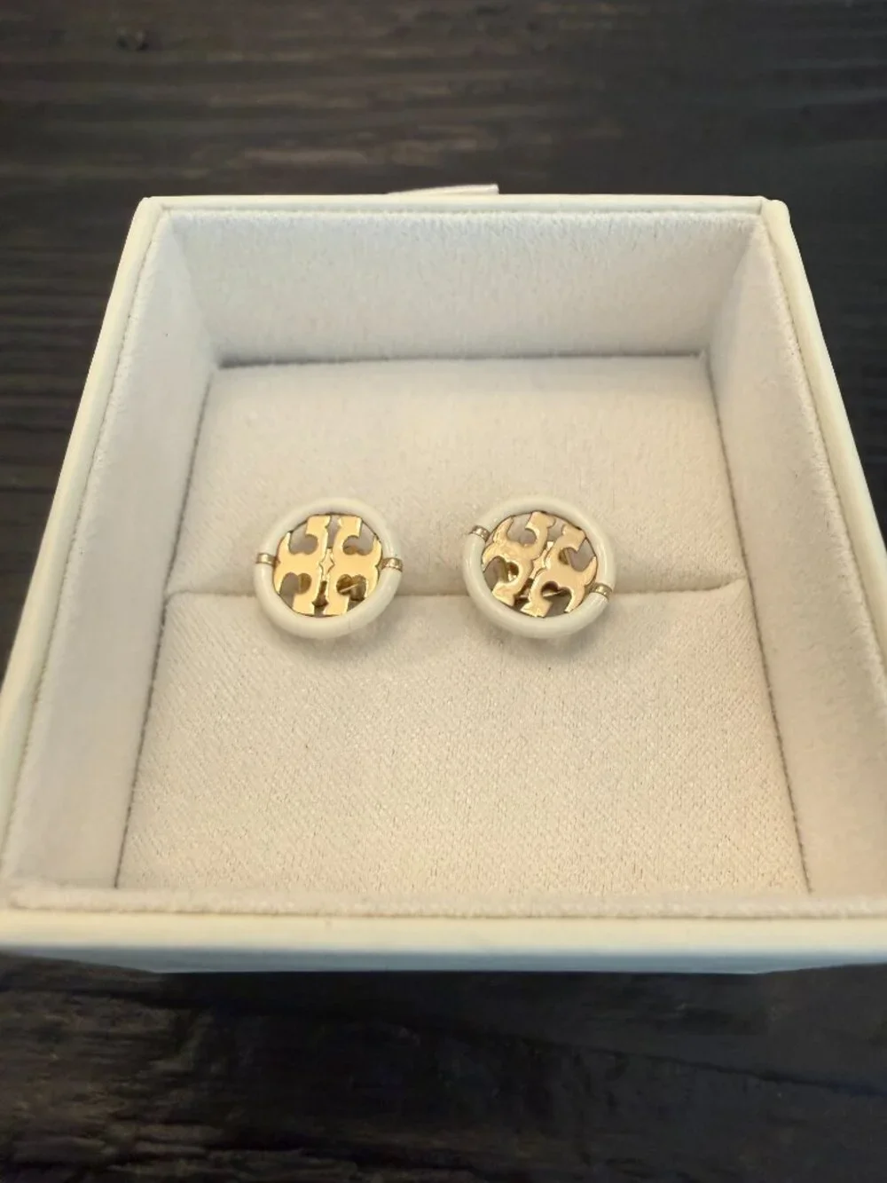 Tory Burch Circle Logo Studs - White & Gold (Worn Once)